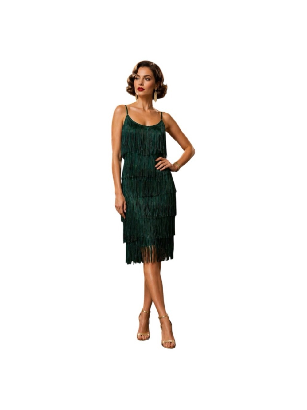 Women's Green Fringe Flapper Gatsby Art Deco Dress XL